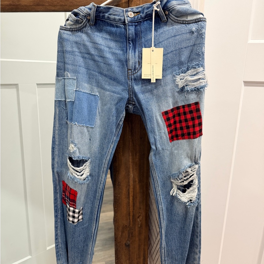 KanCan Blue and Red Patchwork Boyfriend Jeans